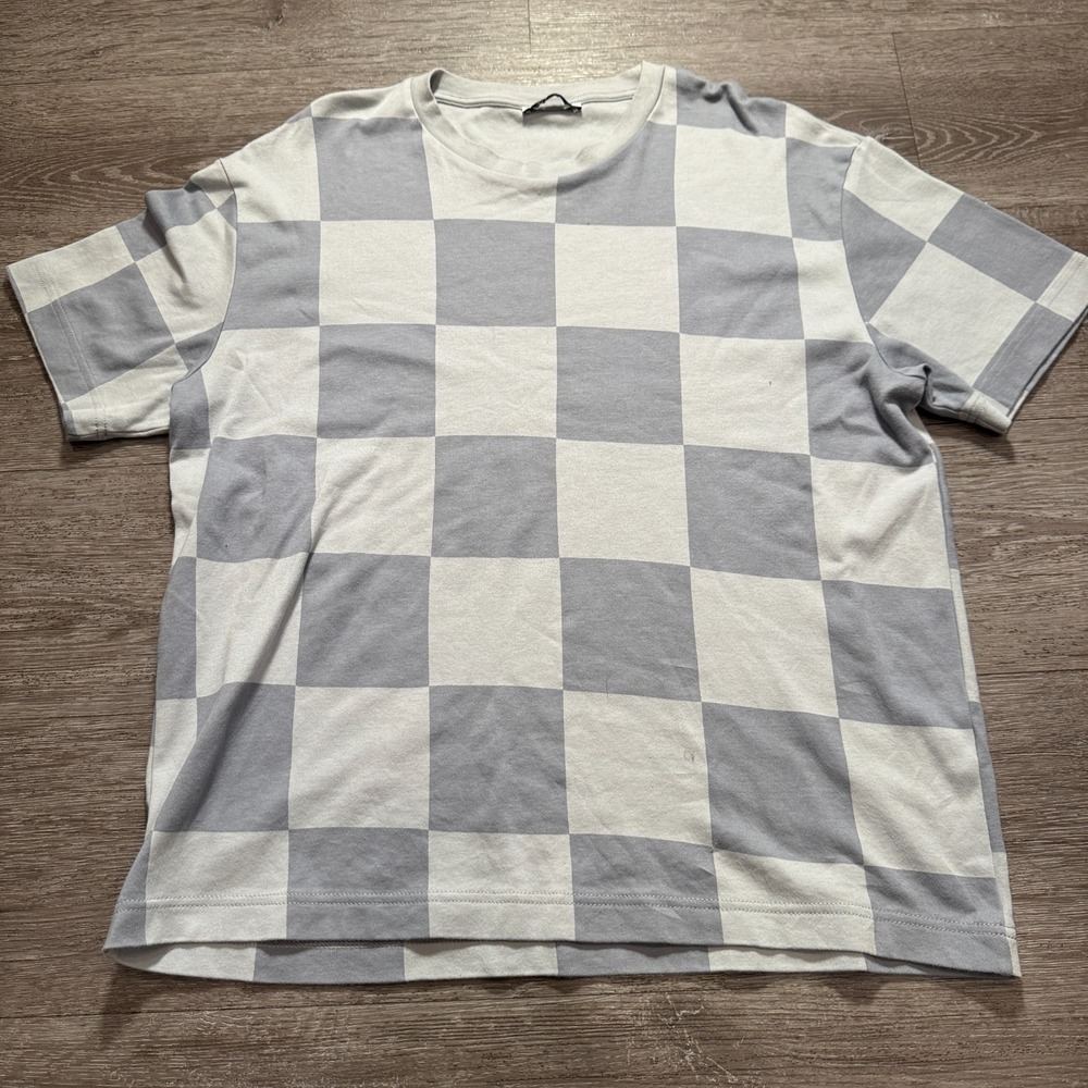 Zara Shirt Mens Large Gray Checkered Short Sleeve Tee Crew Neck Minimal Lounge